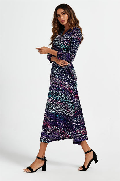 Geometric Print Wrap Top Midi Dress In Navy