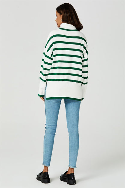 Stripes Pattern Turtleneck Jumper Top In Green