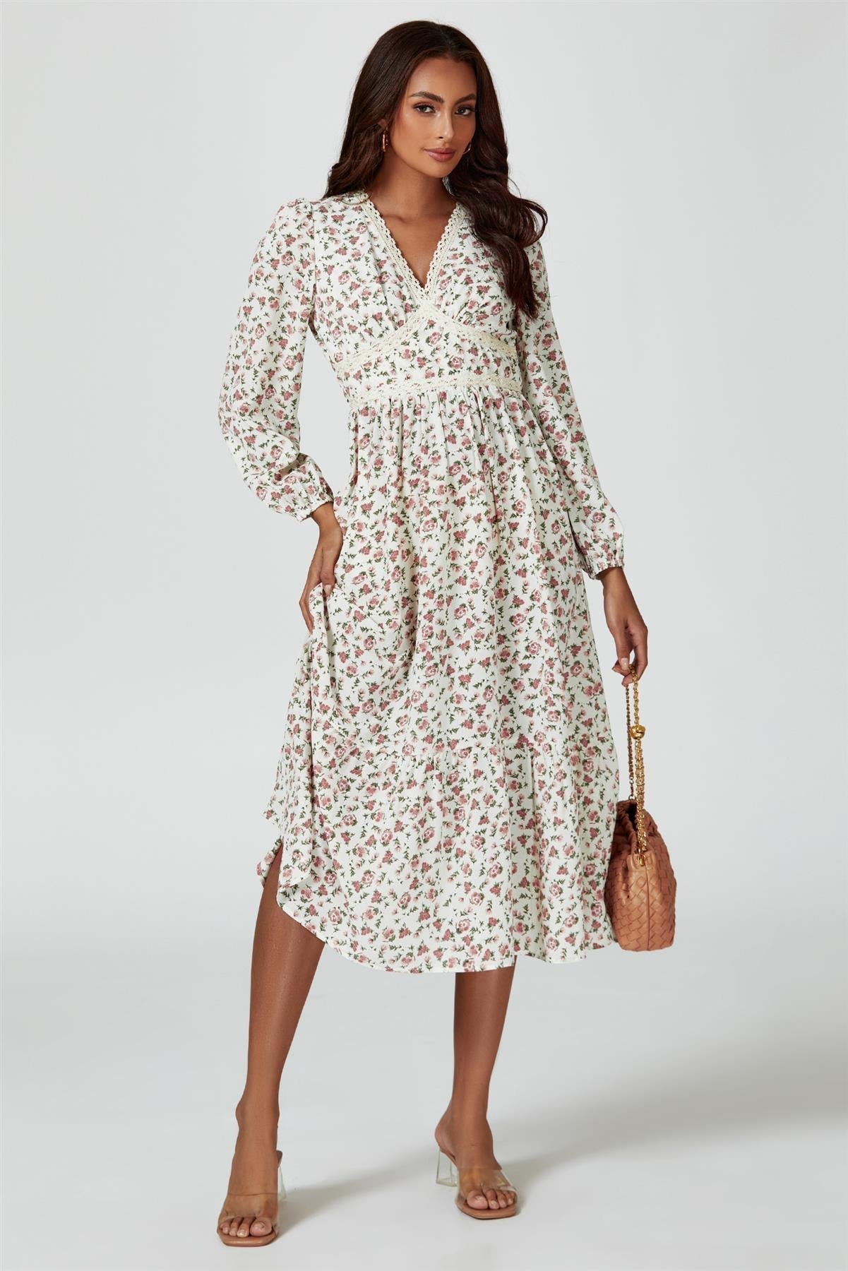 Floral Print Long Sleeve Midi Dress In White