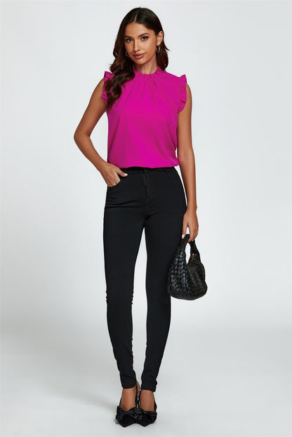 Frill Trim Sleeve Frill Neck Blouse Top In Magenta