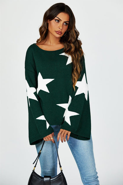 Wide Sleeve Oversize Dark Green Jumper With White Star
