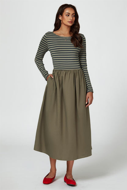 Long Sleeve Stripe Midi Dress In Olive