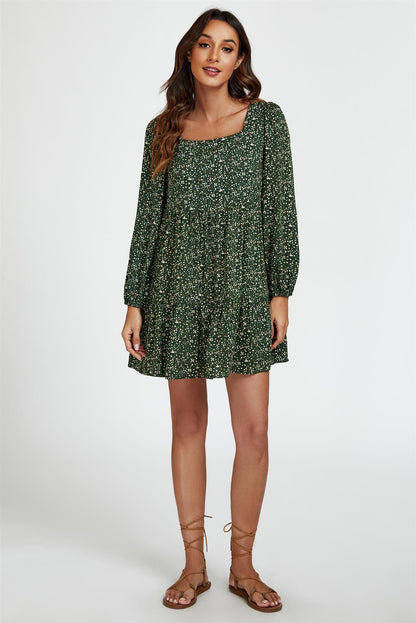 Little Floral Print Square Neck Mini Dress In Olive Green