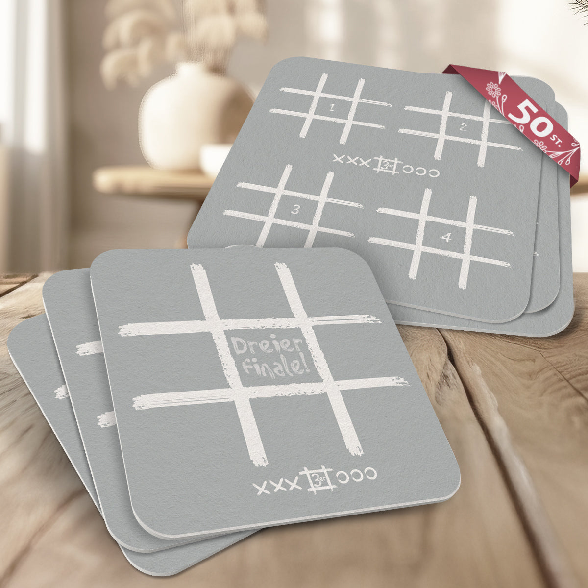 50 Bierdeckel Spiel Tic Tac Toe grau, Dreier Finale Party & Feier