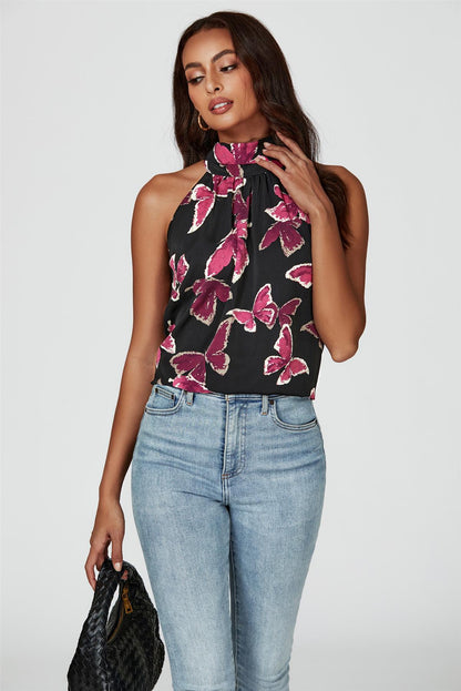 Butterfly Print Halter Neck Tie Back Top In Black