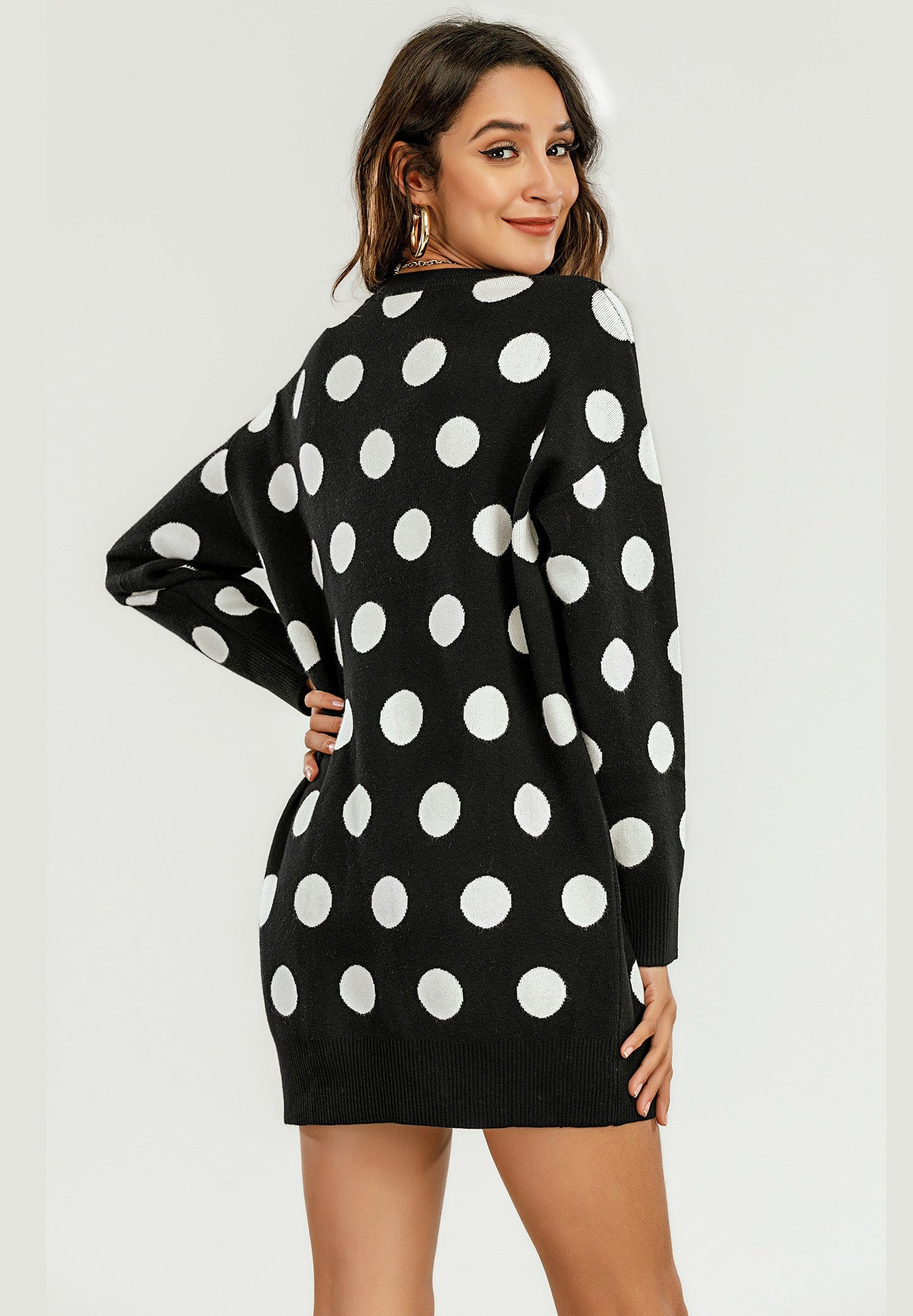 Knitted Tunic Mini Jumper Dress With Polka Dot Pattern
