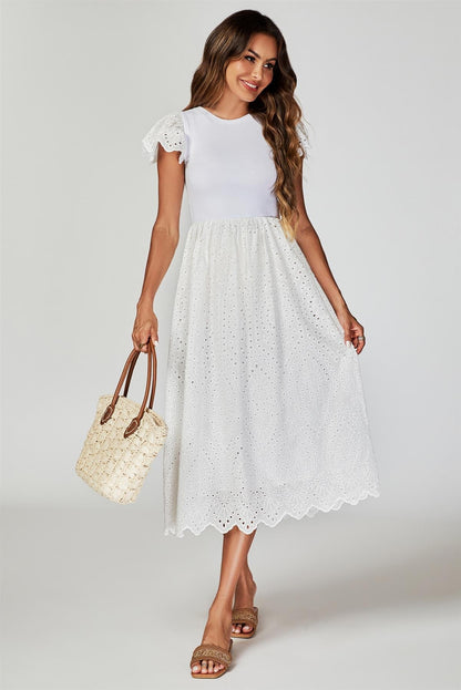 Jersey Broderie Midi Dress In White