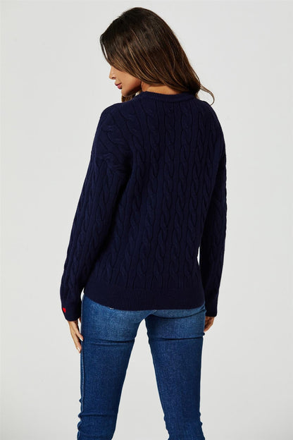 Heart Embroidery Jumper Top In Navy