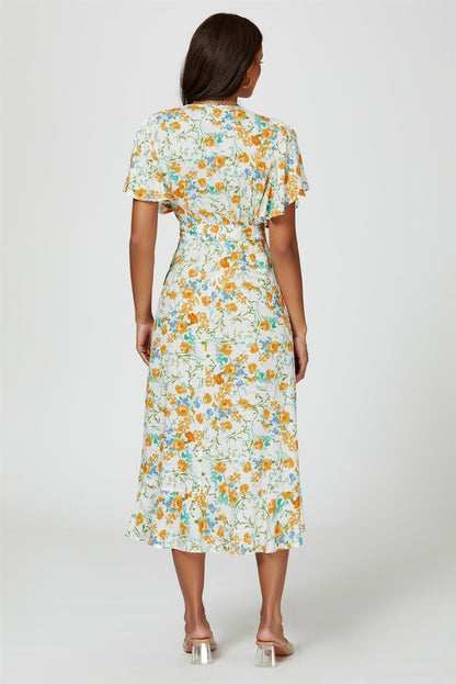 Floral Print Angel Sleeve Wrap Midi Dress In Yellow