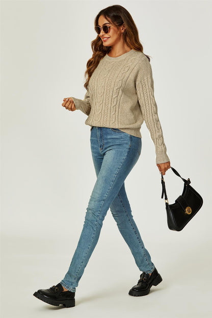Cable Knit Crew Neck Jumper In Taupe