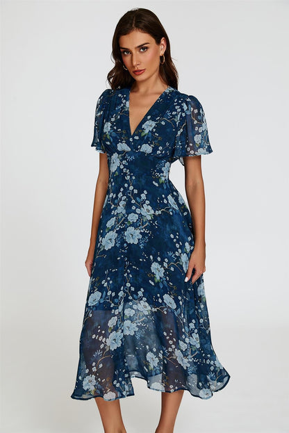 Floral Print Midi V neckline Dress In Navy