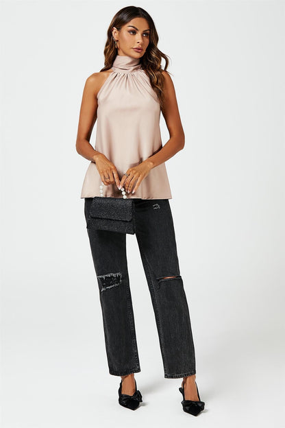 Satin-Neckholder-Top mit Rueckenbindung in Hellbraun
