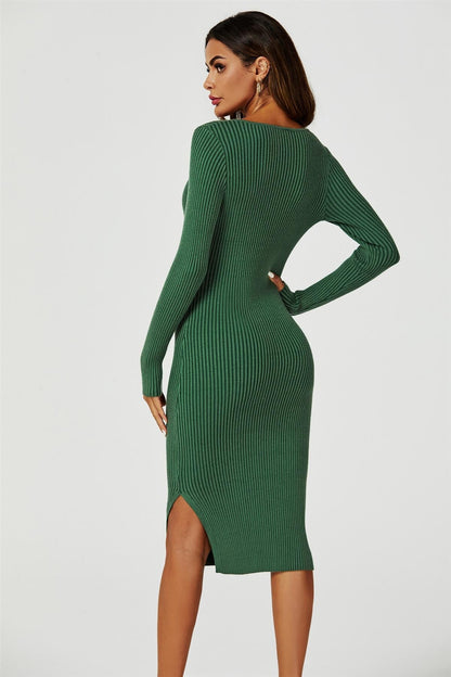 Long sleeved Knit Midi Dress In Dark Green