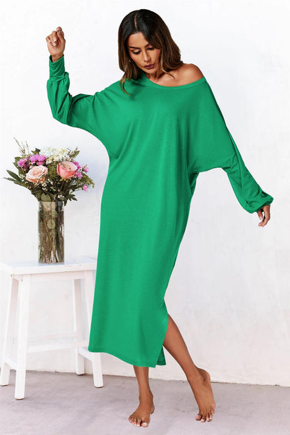 Oversized Midaxi Long Sleeve Slit Jersey Dress In Green