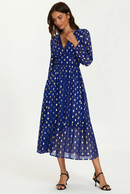 Lace Trim Foil Long Sleeve Maxi Dress In Royal Blue