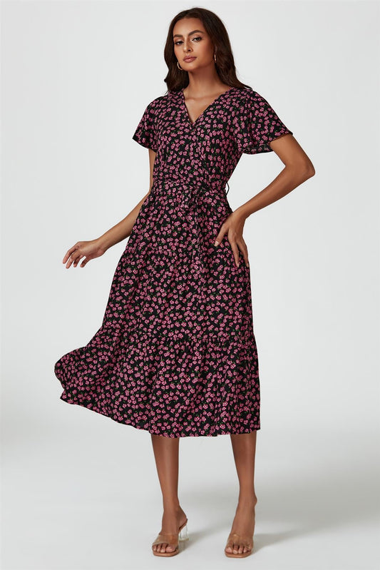 Pink Floral Print Wrap Midi Dress In Black
