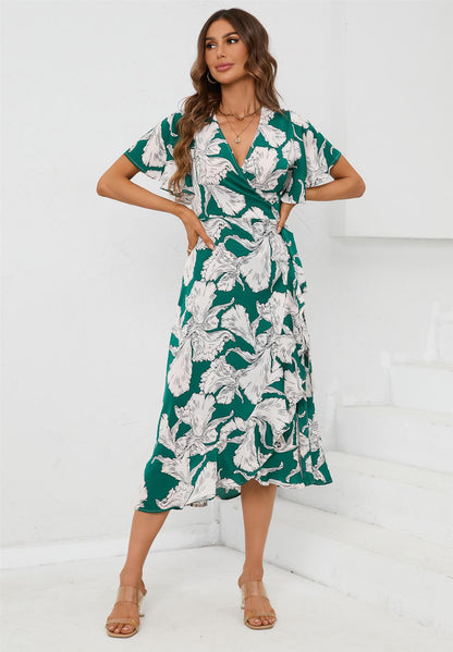 Angel Sleeve Wrap Midi Dress In Green