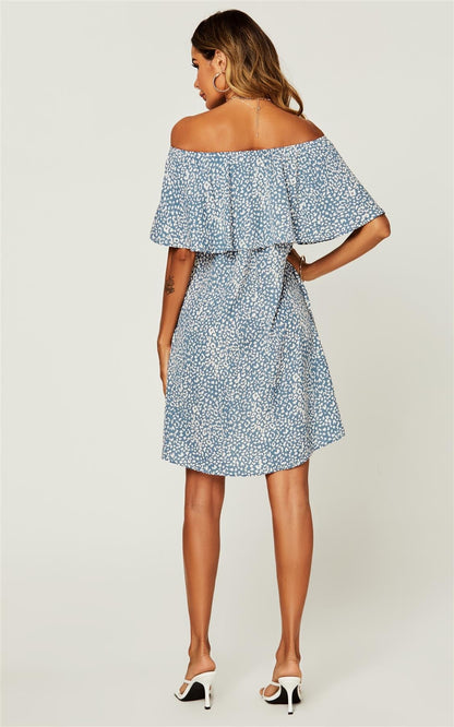 Bardot-Mini-Kleid mit Leopardenmuster & Rüschen in Blau