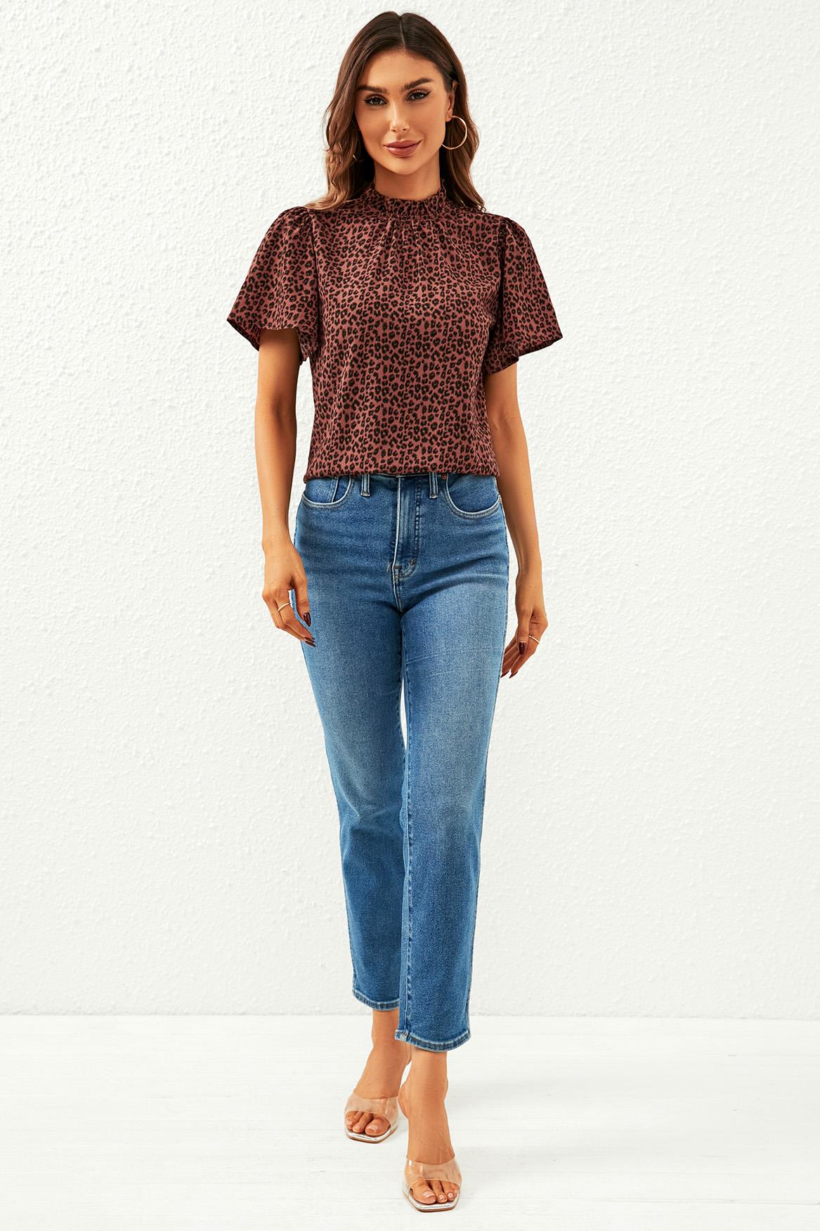 Leopard Print Angel Sleeve High Neck Top/Blouse In Rusty