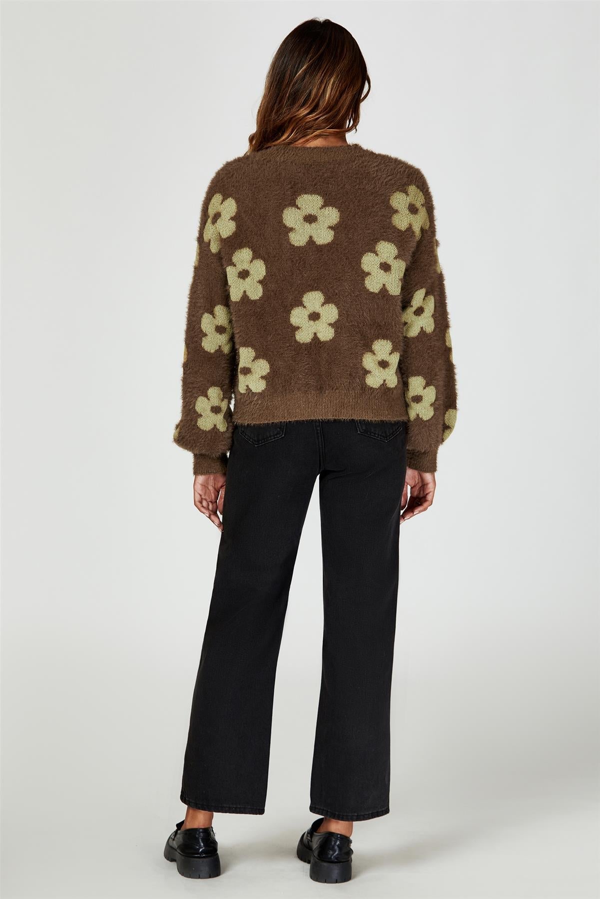 Strickjacke mit Blumenmuster in Braun