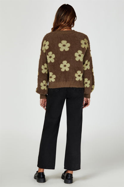 Strickjacke mit Blumenmuster in Braun