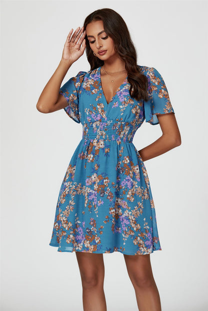 Floral Print Short Sleeve Mini Dress In Blue