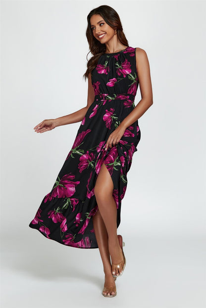 Floral Print Halterneck Maxi Dress In Black