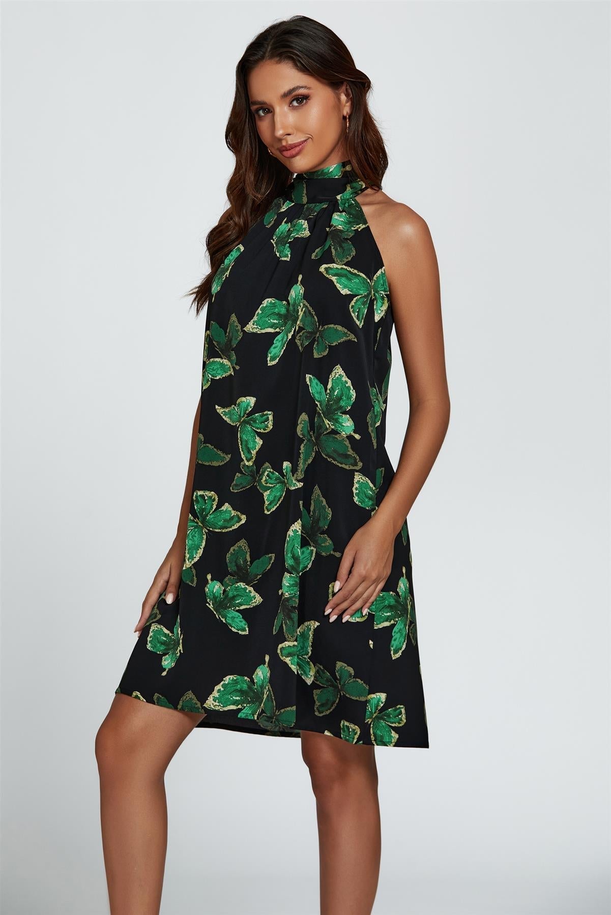 Butterfly Print Halter Neck Tie Back Mini Dress In Green