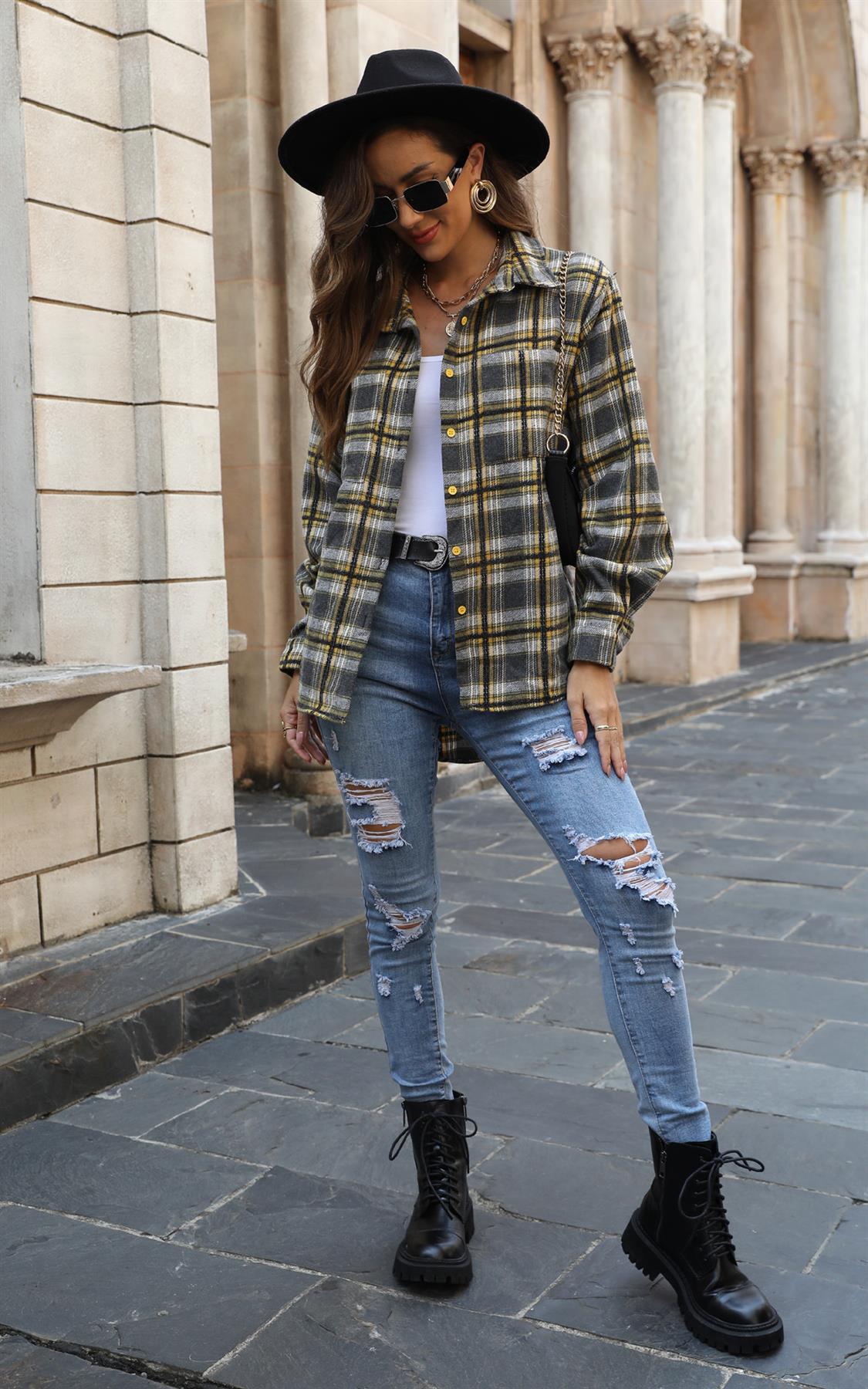 Yellow Brushed Check Oversized Pocket Detail Shacket Shirt Jacket In Grey