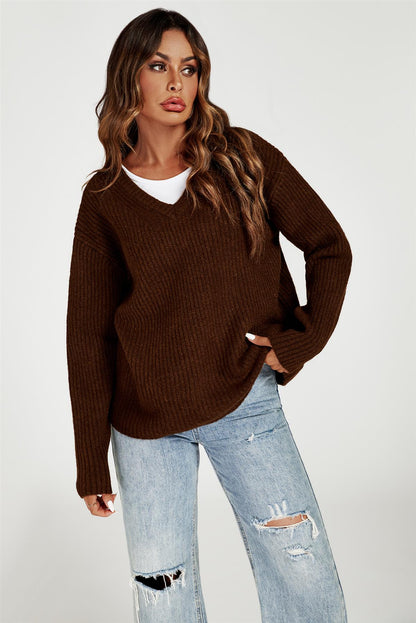 V Neck Jumper Top In Brown