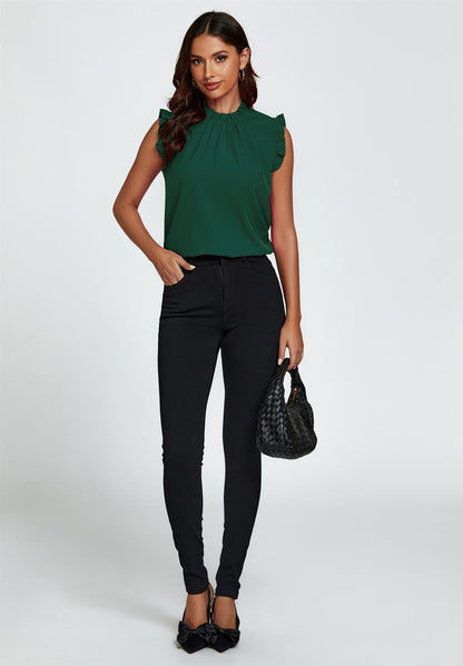 Frill Trim Sleeve Frill Neck Blouse Top In Dark Green