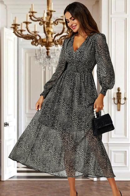 Leopard Print Long Sleeve Maxi Dress In Grey