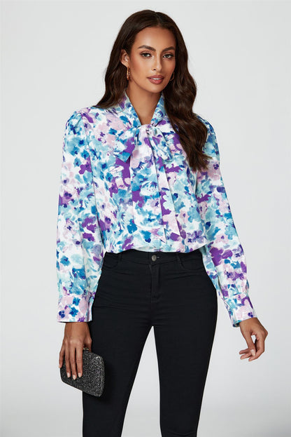 Abstract Floral Print Tie Detail long sleeve Blouse Top In Blue