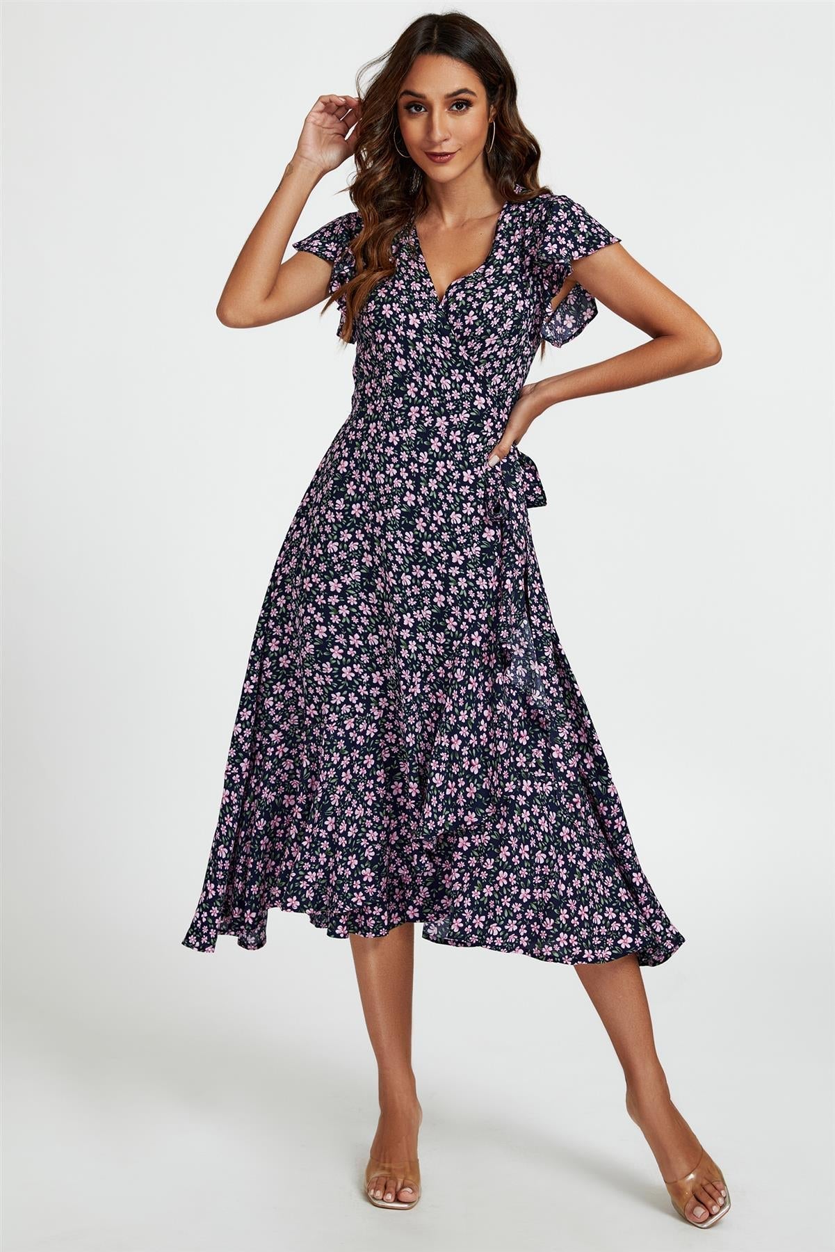 Floral Frill Sleeve Midi Wrap Dress In Navy