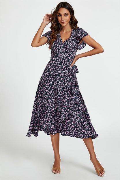 Floral Frill Sleeve Midi Wrap Dress In Navy