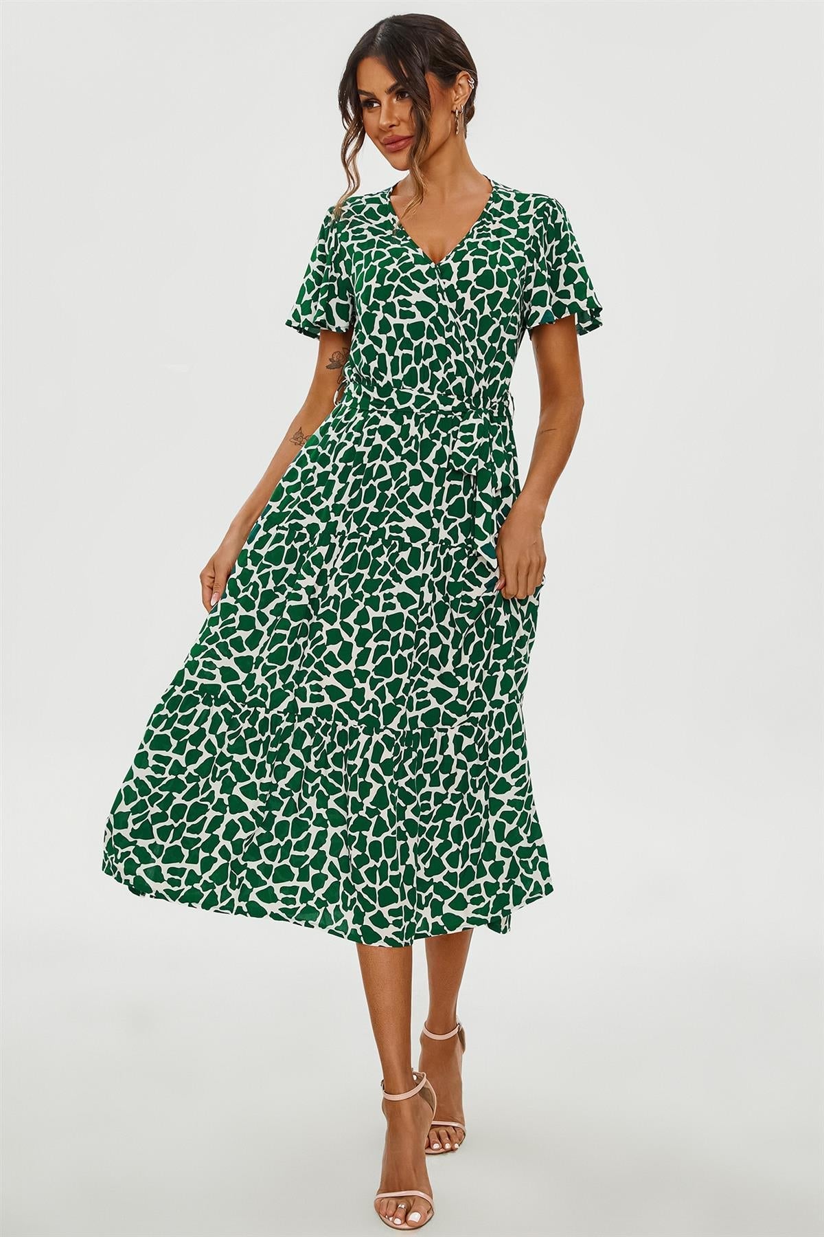 Geo Print Hem Tiered Wrap Midi Dress In Green