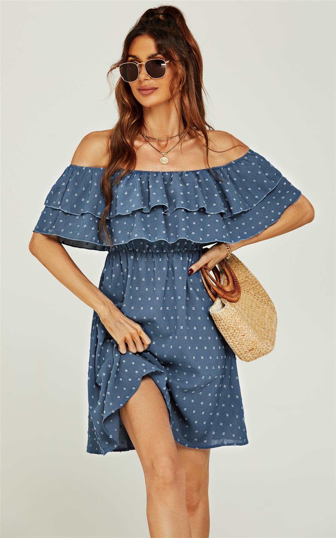 Bardot Frill Mini Dress In Blue