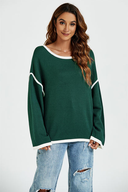 White Striped Oversized Jumper Top In Dark Green