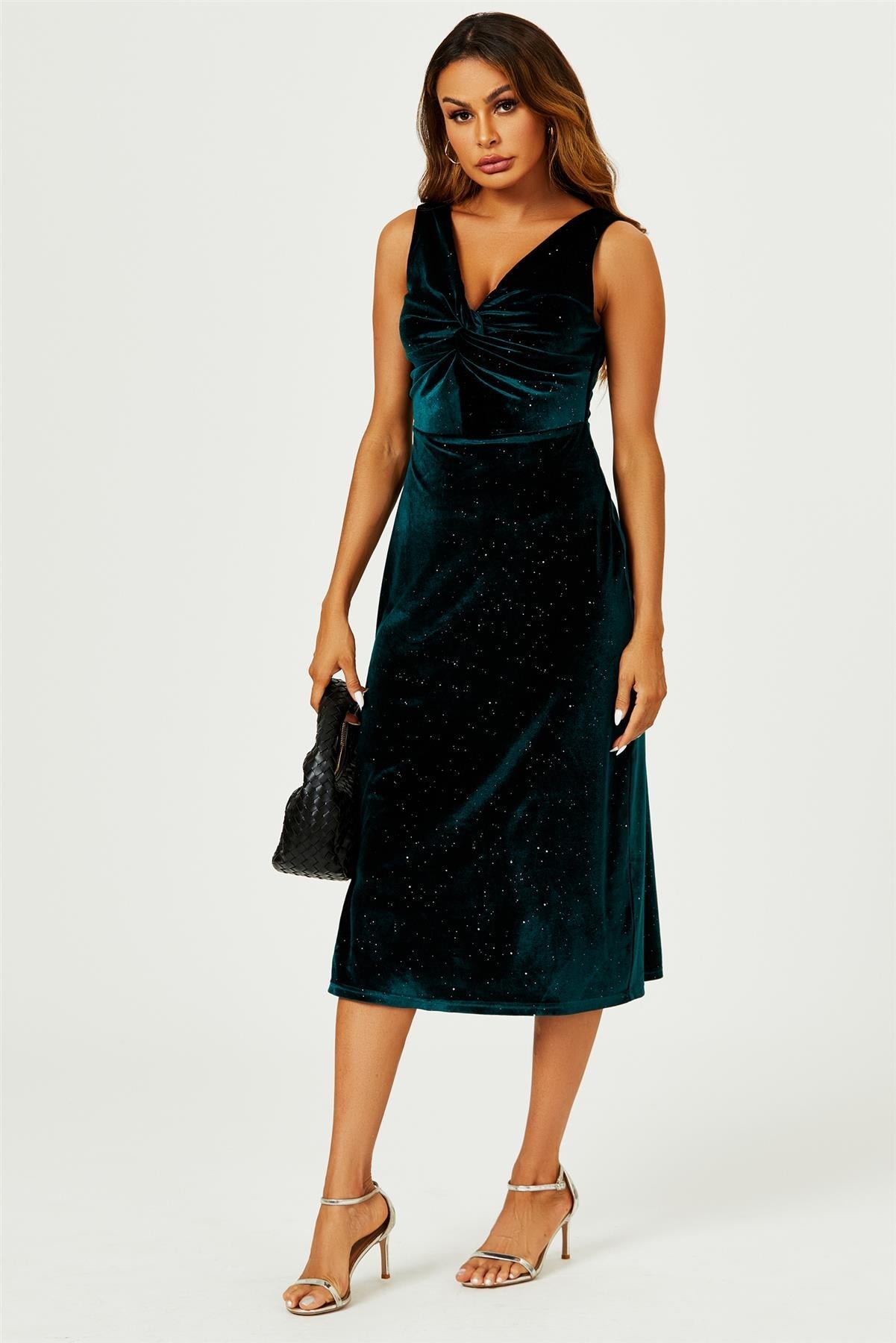 Samt-Midi-Kleid mit Silberglanz & Knotendetail in Grün