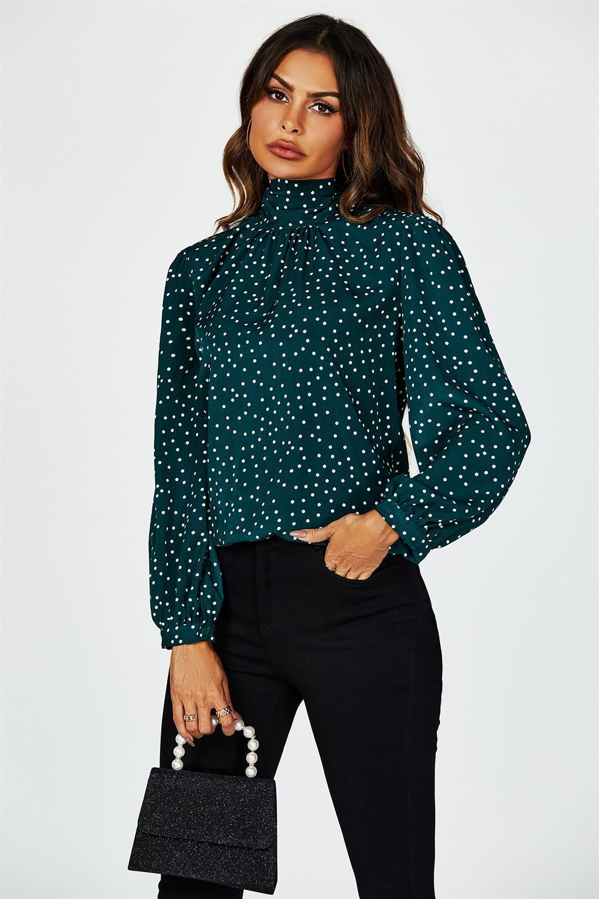 Polka Dot Print Long Sleeve Back Tie Blouse Top In Green