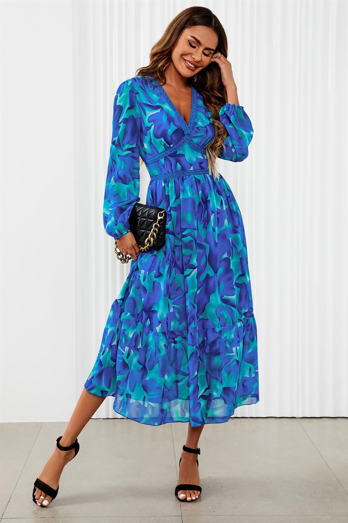 Floral Print Long Sleeve Maxi Dress In Blue