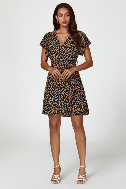 Floral Print Wrap Top Dress In Navy