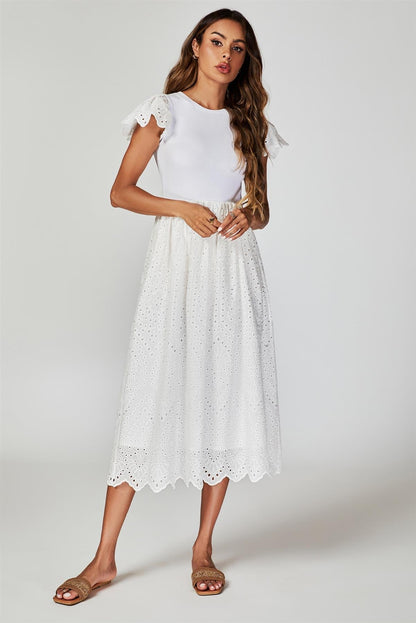 Jersey Broderie Midi Dress In White