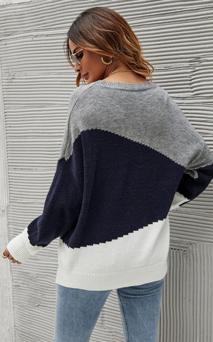 Navy & White Block Colour Jumper Top In Grey