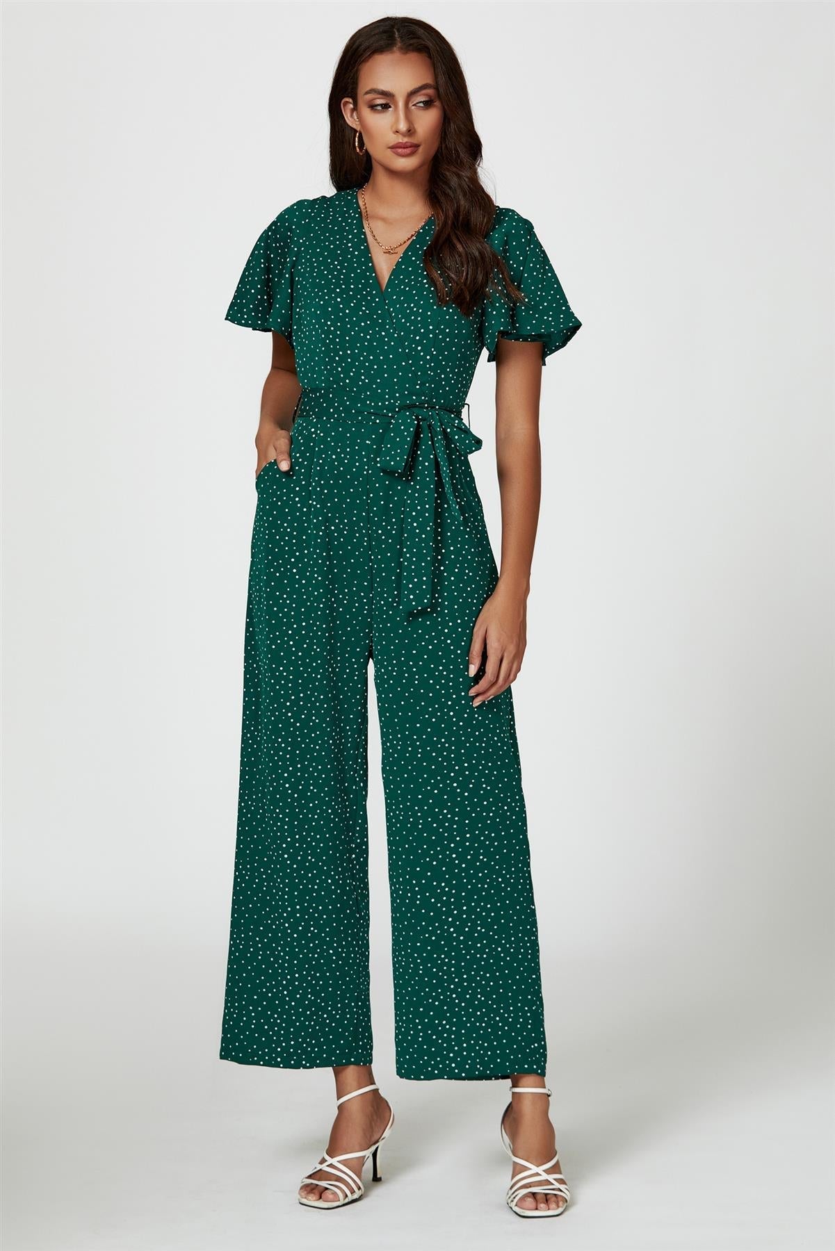 Dot Print Wrap Top Jumpsuit In Green