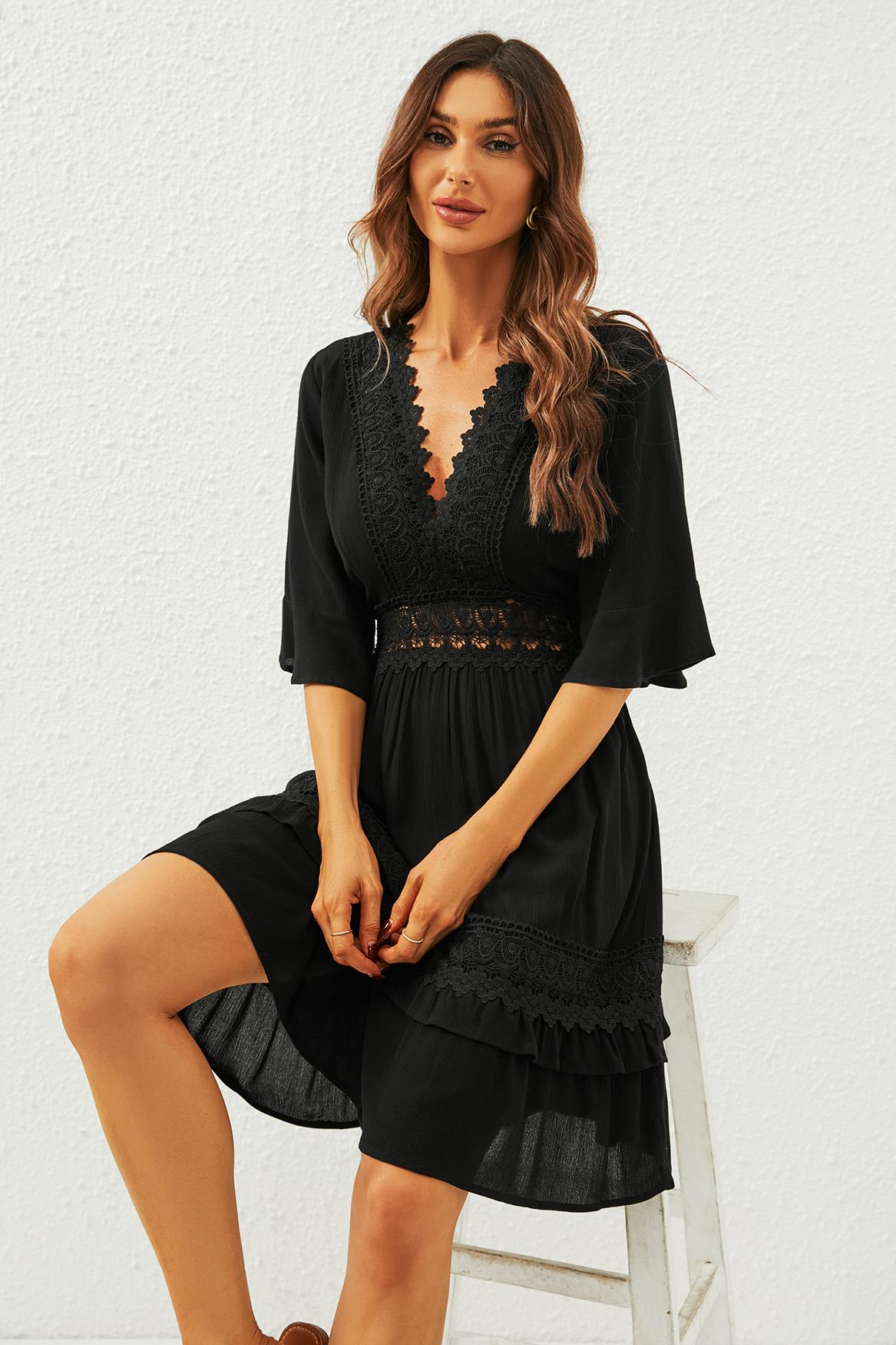 V Neck Lace Mini Dress In Black