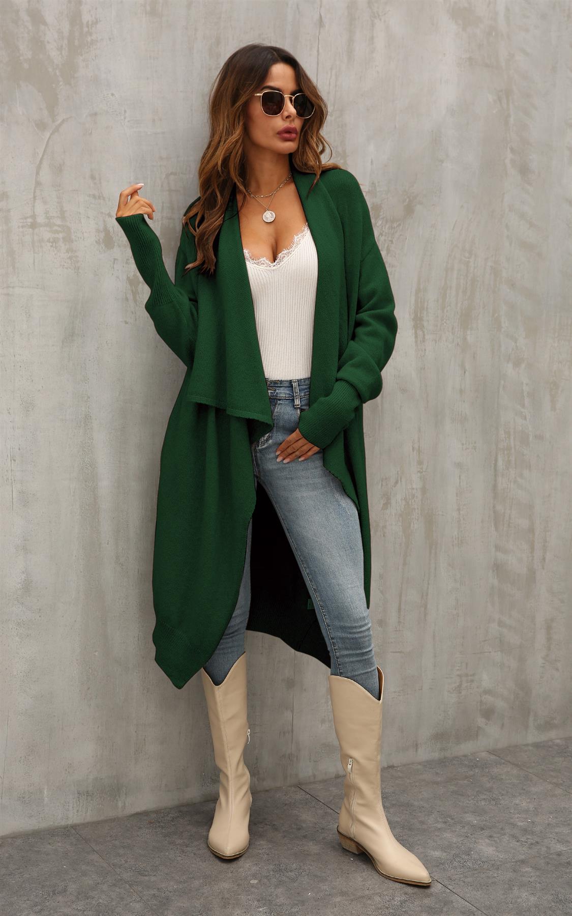 Dark Green Chunky Pleat Oversized Cardigan