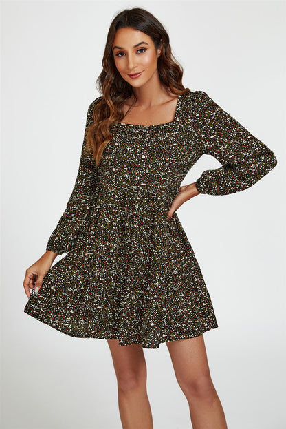 Little Floral Print Square Neck Mini Dress In Black