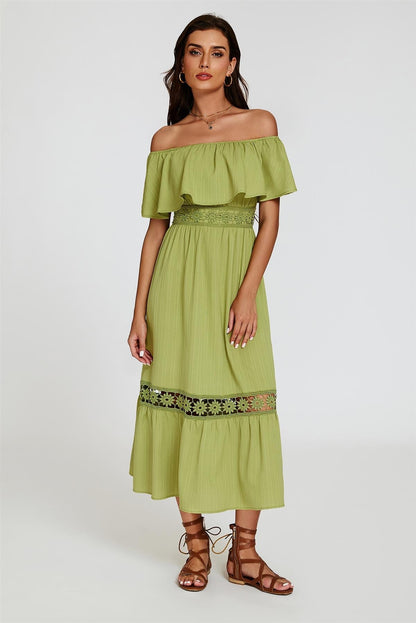 Lace Detail Bardot Maxi Dress In Green