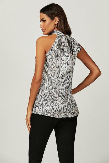 Satin Snake Print Halter Neck Tie Back Top In Silver Grey